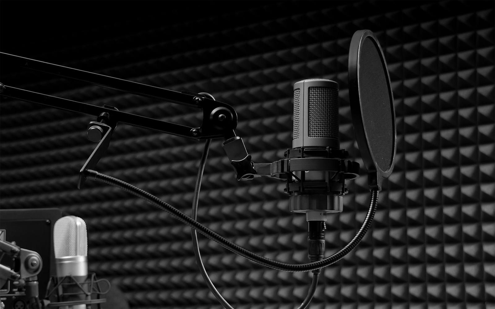 Micro de studio avec filtre anti-pop devant un mur de mousse acoustique